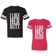 thumbnail image 1 of I Like Her But His Beared Unisex Couple Matching Cotton Jersey style T-Shirt Contrasting stripes on sleeves (Men Black / Women Red) (Men XL / Women L), 1 of 3