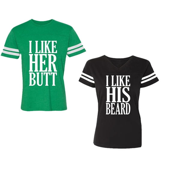 I Like Her But His Beared Unisex Couple Matching Cotton Jersey style T-Shirt Contrasting stripes on sleeves (Men Green / Women Black) (Men S / Women S)