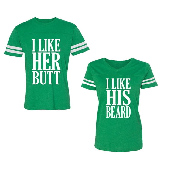 I Like Her But His Beared Unisex Couple Matching Cotton Jersey style T-Shirt Contrasting stripes on sleeves (Men Green / Women Green) (Men S / Women S)