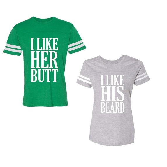 I Like Her But His Beared Unisex Couple Matching Cotton Jersey style T-Shirt Contrasting stripes on sleeves (Men Green / Women Heather) (Men XL / Women S)