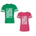 thumbnail image 1 of I Like Her But His Beared Unisex Couple Matching Cotton Jersey style T-Shirt Contrasting stripes on sleeves (Men Green / Women Pink) (Men XL / Women M), 1 of 3