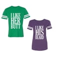 thumbnail image 1 of I Like Her But His Beared Unisex Couple Matching Cotton Jersey style T-Shirt Contrasting stripes on sleeves (Men Green / Women Purple) (Men S / Women M), 1 of 3