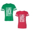 thumbnail image 1 of I Like Her But His Beared Unisex Couple Matching Cotton Jersey style T-Shirt Contrasting stripes on sleeves (Men Green / Women Red) (Men L / Women XL), 1 of 3