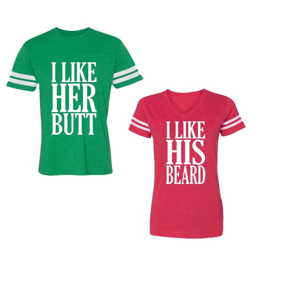 I Like Her But His Beared Unisex Couple Matching Cotton Jersey style T-Shirt Contrasting stripes on sleeves (Men Green / Women Red) (Men L / Women XXL)