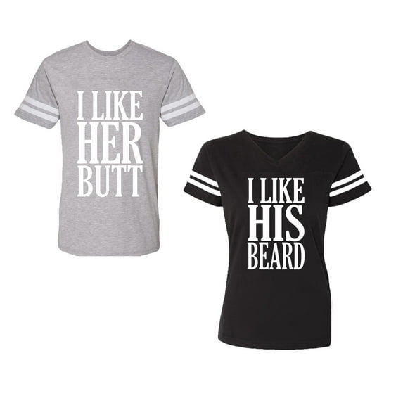 I Like Her But His Beared Unisex Couple Matching Cotton Jersey style T-Shirt Contrasting stripes on sleeves (Men Heather / Women Black) (Men M / Women XXL)