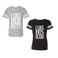 thumbnail image 1 of I Like Her But His Beared Unisex Couple Matching Cotton Jersey style T-Shirt Contrasting stripes on sleeves (Men Heather / Women Black) (Men S / Women S), 1 of 3