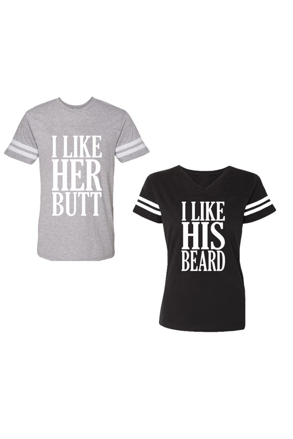 I Like Her But His Beared Unisex Couple Matching Cotton Jersey style T-Shirt Contrasting stripes on sleeves (Men Heather / Women Black) (Men S / Women S)