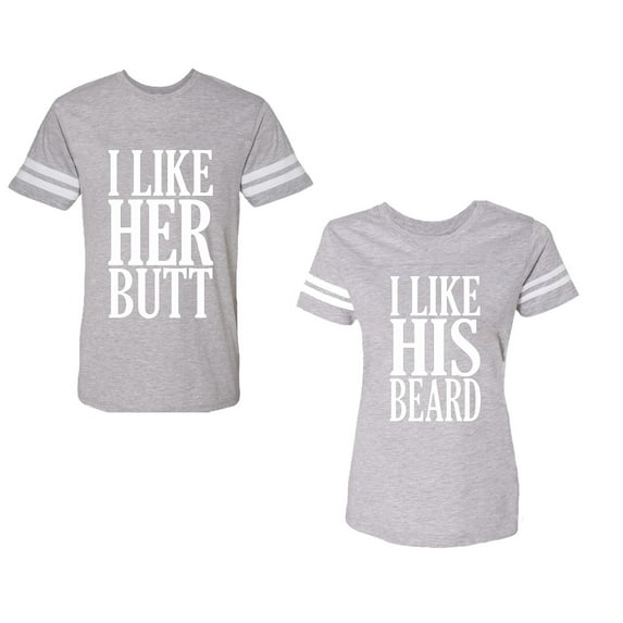 I Like Her But His Beared Unisex Couple Matching Cotton Jersey style T-Shirt Contrasting stripes on sleeves (Men Heather / Women Heather) (Men XXXL / Women XXL)