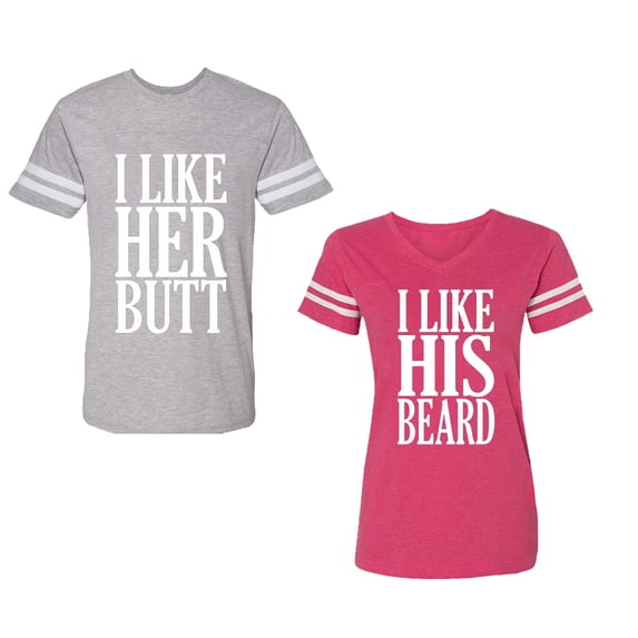 I Like Her But His Beared Unisex Couple Matching Cotton Jersey style T-Shirt Contrasting stripes on sleeves (Men Heather / Women Pink) (Men XXL / Women L)