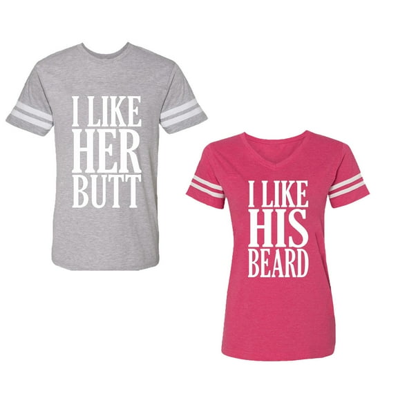 I Like Her But His Beared Unisex Couple Matching Cotton Jersey style T-Shirt Contrasting stripes on sleeves (Men Heather / Women Pink) (Men XXL / Women S)