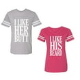 thumbnail image 1 of I Like Her But His Beared Unisex Couple Matching Cotton Jersey style T-Shirt Contrasting stripes on sleeves (Men Heather / Women Pink) (Men XXXL / Women XXL), 1 of 3