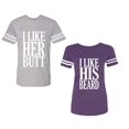 thumbnail image 1 of I Like Her But His Beared Unisex Couple Matching Cotton Jersey style T-Shirt Contrasting stripes on sleeves (Men Heather / Women Purple) (Men XL / Women XXL), 1 of 3