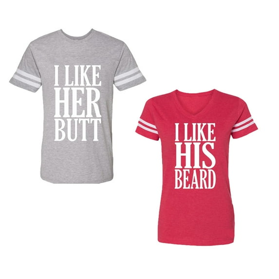 I Like Her But His Beared Unisex Couple Matching Cotton Jersey style T-Shirt Contrasting stripes on sleeves (Men Heather / Women Red) (Men S / Women M)