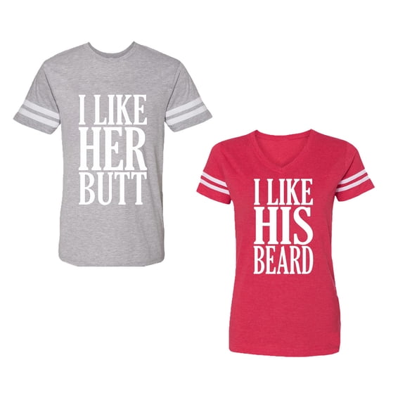 I Like Her But His Beared Unisex Couple Matching Cotton Jersey style T-Shirt Contrasting stripes on sleeves (Men Heather / Women Red) (Men XXL / Women XL)