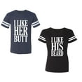 thumbnail image 1 of I Like Her But His Beared Unisex Couple Matching Cotton Jersey style T-Shirt Contrasting stripes on sleeves (Men Navy / Women Black) (Men M / Women M), 1 of 3