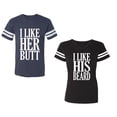thumbnail image 1 of I Like Her But His Beared Unisex Couple Matching Cotton Jersey style T-Shirt Contrasting stripes on sleeves (Men Navy / Women Black) (Men XL / Women XL), 1 of 3