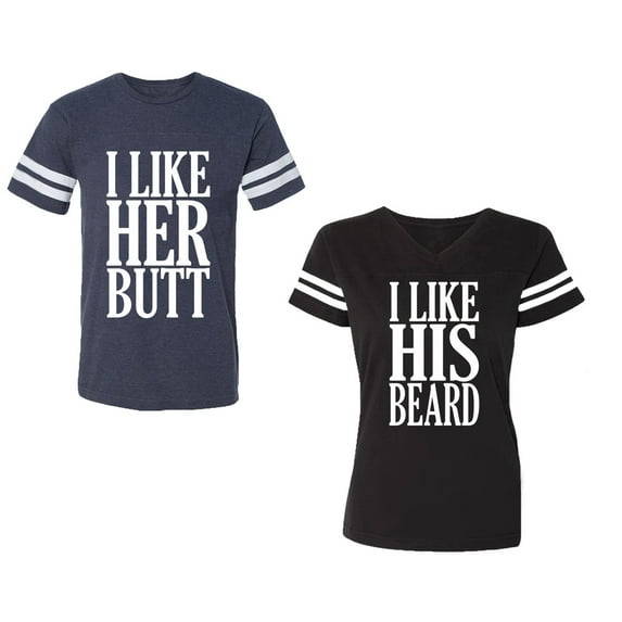 I Like Her But His Beared Unisex Couple Matching Cotton Jersey style T-Shirt Contrasting stripes on sleeves (Men Navy / Women Black) (Men XL / Women XXL)