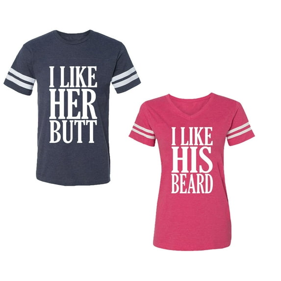 I Like Her But His Beared Unisex Couple Matching Cotton Jersey style T-Shirt Contrasting stripes on sleeves (Men Navy / Women Pink) (Men XXL / Women S)