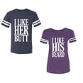 thumbnail image 1 of I Like Her But His Beared Unisex Couple Matching Cotton Jersey style T-Shirt Contrasting stripes on sleeves (Men Navy / Women Purple) (Men XL / Women XXL), 1 of 3
