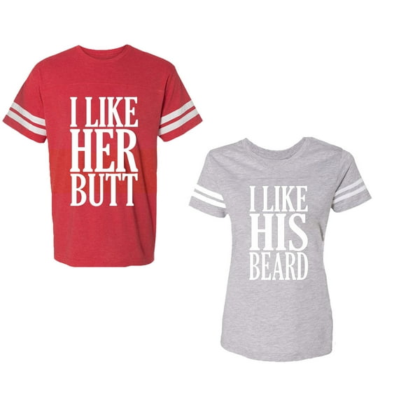 I Like Her But His Beared Unisex Couple Matching Cotton Jersey style T-Shirt Contrasting stripes on sleeves (Men Red / Women Heather) (Men L / Women XXL)