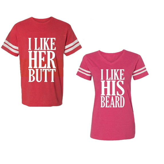 I Like Her But His Beared Unisex Couple Matching Cotton Jersey style T-Shirt Contrasting stripes on sleeves (Men Red / Women Pink) (Men XXL / Women M)