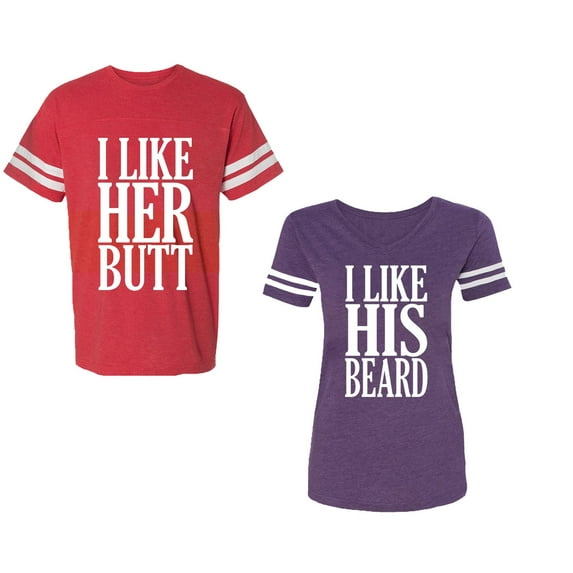 I Like Her But His Beared Unisex Couple Matching Cotton Jersey style T-Shirt Contrasting stripes on sleeves (Men Red / Women Purple) (Men S / Women S)