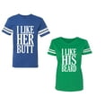 thumbnail image 1 of I Like Her But His Beared Unisex Couple Matching Cotton Jersey style T-Shirt Contrasting stripes on sleeves (Men Royal / Women Green) (Men S / Women S), 1 of 3