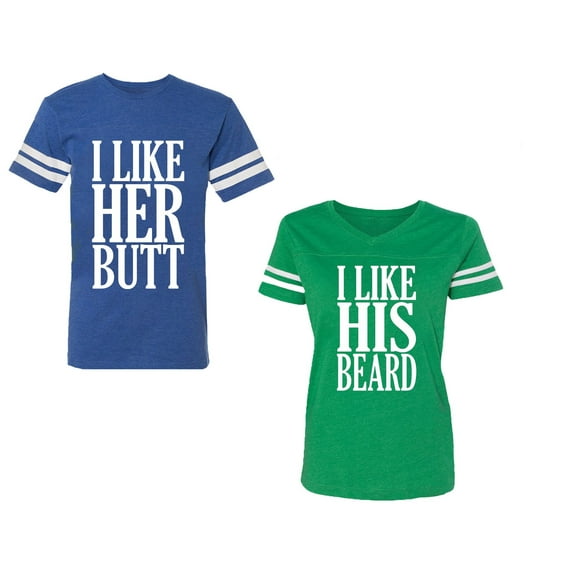 I Like Her But His Beared Unisex Couple Matching Cotton Jersey style T-Shirt Contrasting stripes on sleeves (Men Royal / Women Green) (Men XL / Women XXL)