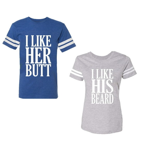 I Like Her But His Beared Unisex Couple Matching Cotton Jersey style T-Shirt Contrasting stripes on sleeves (Men Royal / Women Heather) (Men L / Women L)
