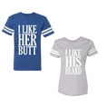 thumbnail image 1 of I Like Her But His Beared Unisex Couple Matching Cotton Jersey style T-Shirt Contrasting stripes on sleeves (Men Royal / Women Heather) (Men XXL / Women L), 1 of 3