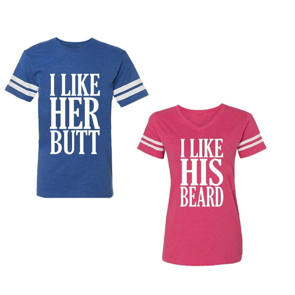 I Like Her But His Beared Unisex Couple Matching Cotton Jersey style T-Shirt Contrasting stripes on sleeves (Men Royal / Women Pink) (Men L / Women XL)