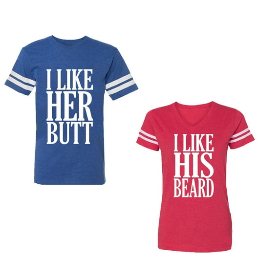 I Like Her But His Beared Unisex Couple Matching Cotton Jersey style T-Shirt Contrasting stripes on sleeves (Men Royal / Women Red) (Men M / Women XXL)