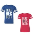 thumbnail image 1 of I Like Her But His Beared Unisex Couple Matching Cotton Jersey style T-Shirt Contrasting stripes on sleeves (Men Royal / Women Red) (Men XXL / Women L), 1 of 3