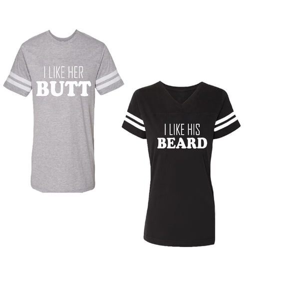 I Like Her Butt his Beared Unisex Couple Matching Cotton Jersey style T-Shirt Contrasting stripes on sleeves (Men Heather / Women Black) (Men S / Women M)