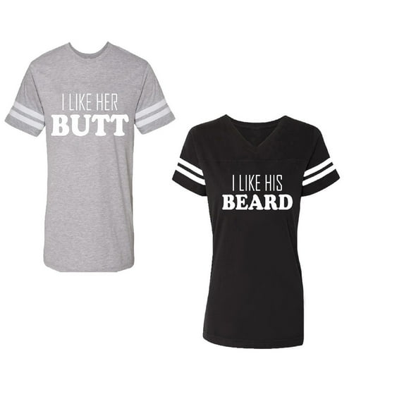 I Like Her Butt his Beared Unisex Couple Matching Cotton Jersey style T-Shirt Contrasting stripes on sleeves (Men Heather / Women Black) (Men S / Women S)