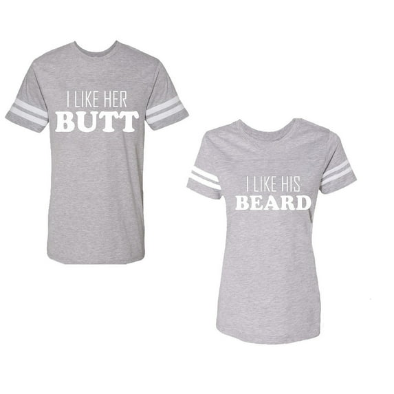 I Like Her Butt his Beared Unisex Couple Matching Cotton Jersey style T-Shirt Contrasting stripes on sleeves (Men Heather / Women Heather) (Men S / Women L)