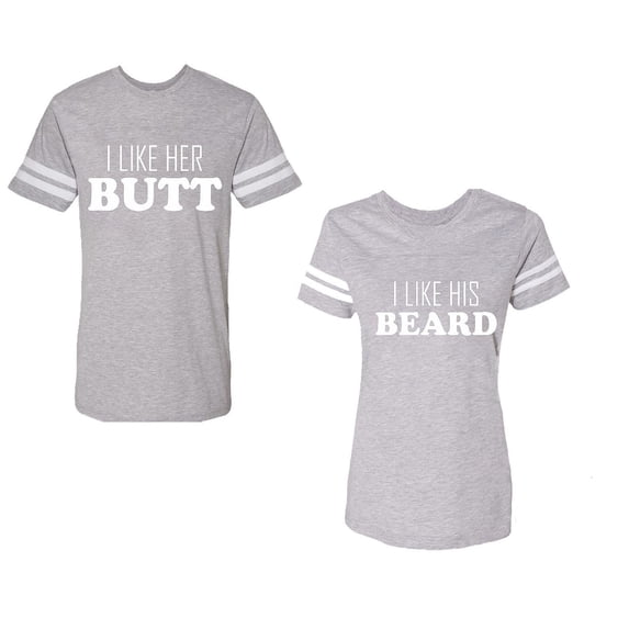 I Like Her Butt his Beared Unisex Couple Matching Cotton Jersey style T-Shirt Contrasting stripes on sleeves (Men Heather / Women Heather) (Men XXL / Women S)