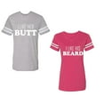 thumbnail image 1 of I Like Her Butt his Beared Unisex Couple Matching Cotton Jersey style T-Shirt Contrasting stripes on sleeves (Men Heather / Women Pink) (Men XL / Women L), 1 of 3