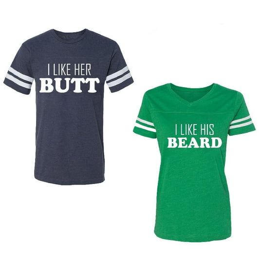 I Like Her Butt his Beared Unisex Couple Matching Cotton Jersey style T-Shirt Contrasting stripes on sleeves (Men Navy / Women Green) (Men XL / Women M)