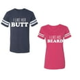 thumbnail image 1 of I Like Her Butt his Beared Unisex Couple Matching Cotton Jersey style T-Shirt Contrasting stripes on sleeves (Men Navy / Women Pink) (Men XXL / Women XL), 1 of 3