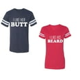 thumbnail image 1 of I Like Her Butt his Beared Unisex Couple Matching Cotton Jersey style T-Shirt Contrasting stripes on sleeves (Men Navy / Women Red) (Men S / Women XXL), 1 of 3