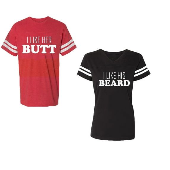I Like Her Butt his Beared Unisex Couple Matching Cotton Jersey style T-Shirt Contrasting stripes on sleeves (Men Red / Women Black) (Men M / Women XL)