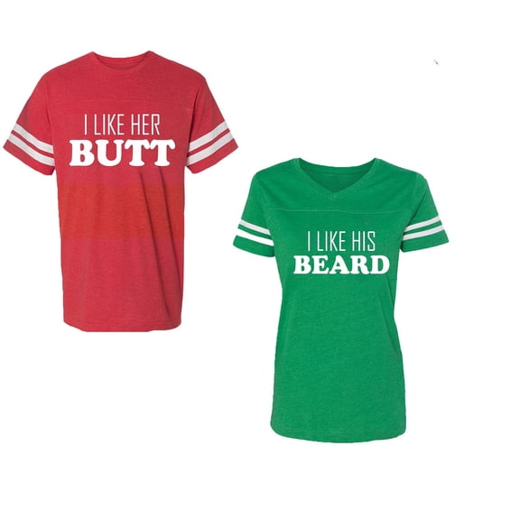 I Like Her Butt his Beared Unisex Couple Matching Cotton Jersey style T-Shirt Contrasting stripes on sleeves (Men Red / Women Green) (Men L / Women M)