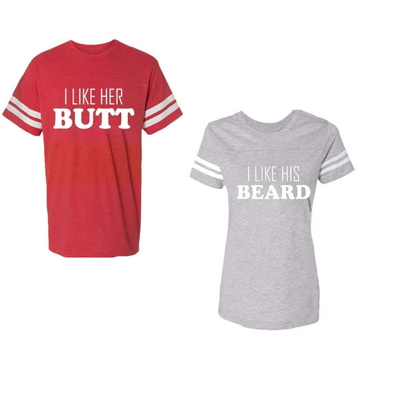 I Like Her Butt his Beared Unisex Couple Matching Cotton Jersey style T-Shirt Contrasting stripes on sleeves (Men Red / Women Heather) (Men XXXL / Women XXL)