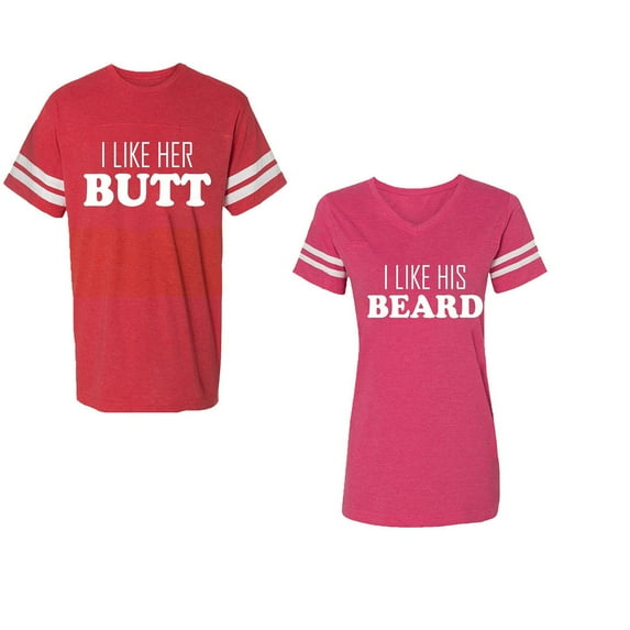 I Like Her Butt his Beared Unisex Couple Matching Cotton Jersey style T-Shirt Contrasting stripes on sleeves (Men Red / Women Pink) (Men XL / Women S)