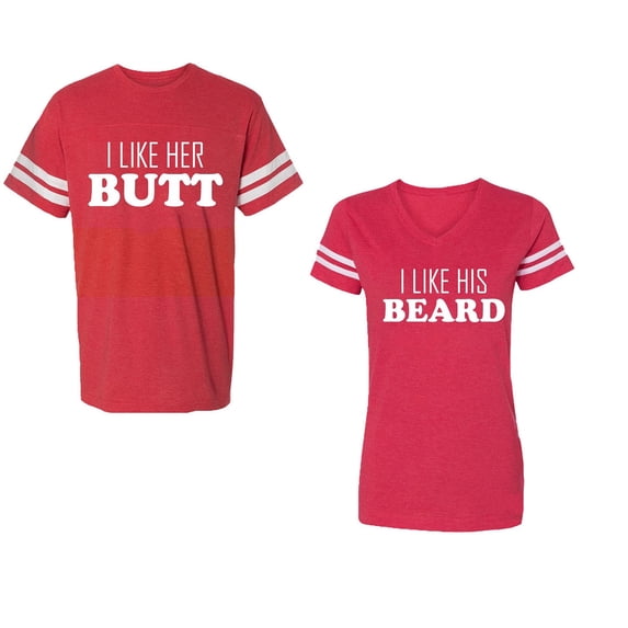 I Like Her Butt his Beared Unisex Couple Matching Cotton Jersey style T-Shirt Contrasting stripes on sleeves (Men Red / Women Red) (Men XXL / Women M)