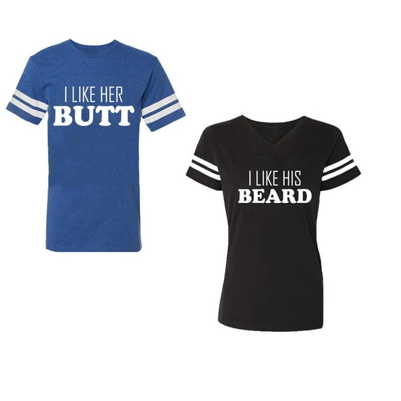 I Like Her Butt his Beared Unisex Couple Matching Cotton Jersey style T-Shirt Contrasting stripes on sleeves (Men Royal / Women Black) (Men S / Women M)