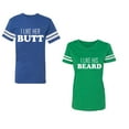 thumbnail image 1 of I Like Her Butt his Beared Unisex Couple Matching Cotton Jersey style T-Shirt Contrasting stripes on sleeves (Men Royal / Women Green) (Men XL / Women L), 1 of 3