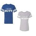 thumbnail image 1 of I Like Her Butt his Beared Unisex Couple Matching Cotton Jersey style T-Shirt Contrasting stripes on sleeves (Men Royal / Women Heather) (Men XL / Women XXL), 1 of 3