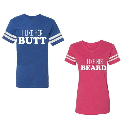 I Like Her Butt his Beared Unisex Couple Matching Cotton Jersey style T-Shirt Contrasting stripes on sleeves (Men Royal / Women Pink) (Men XXL / Women L)